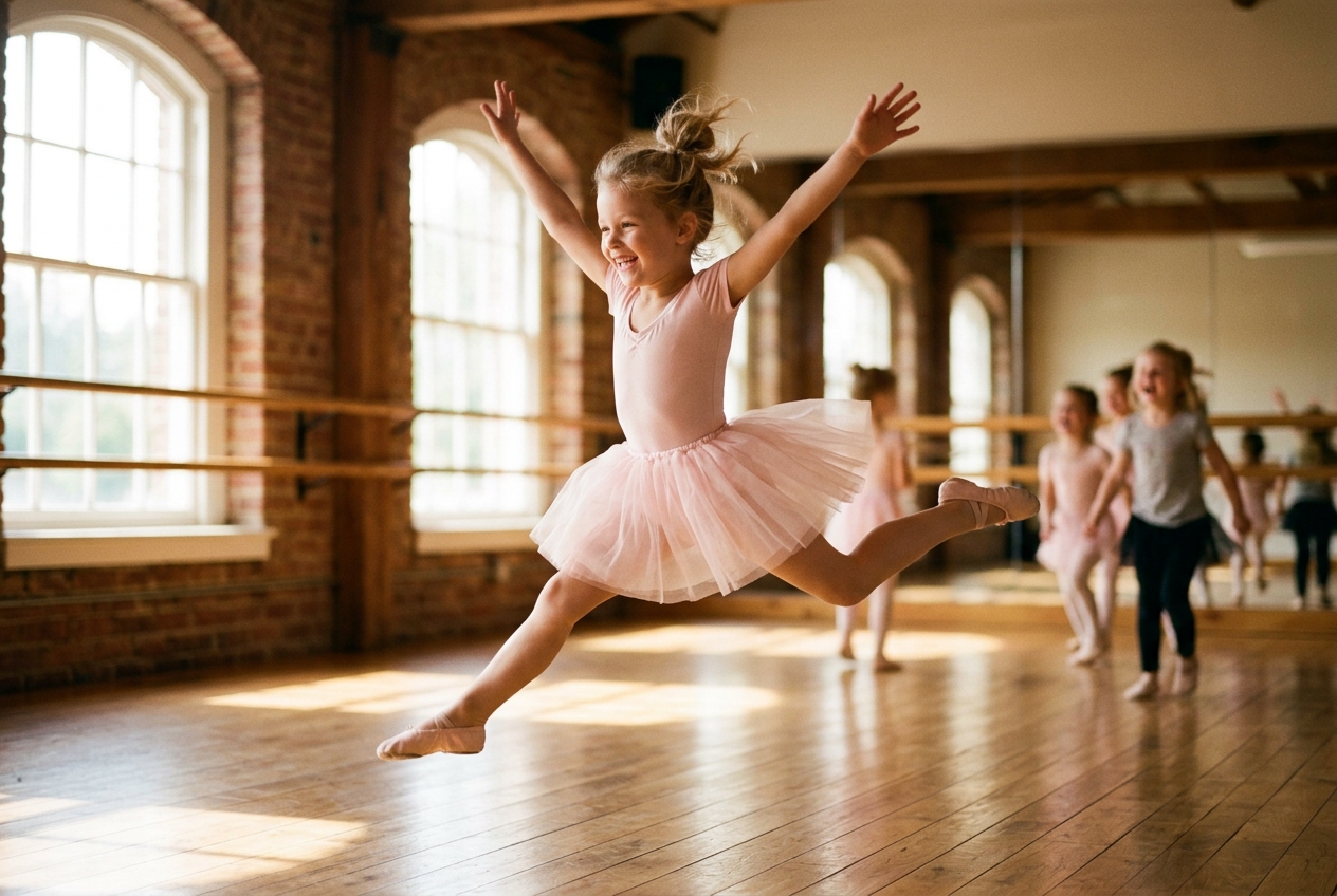 Young dancer mid-leap in a sunny studio